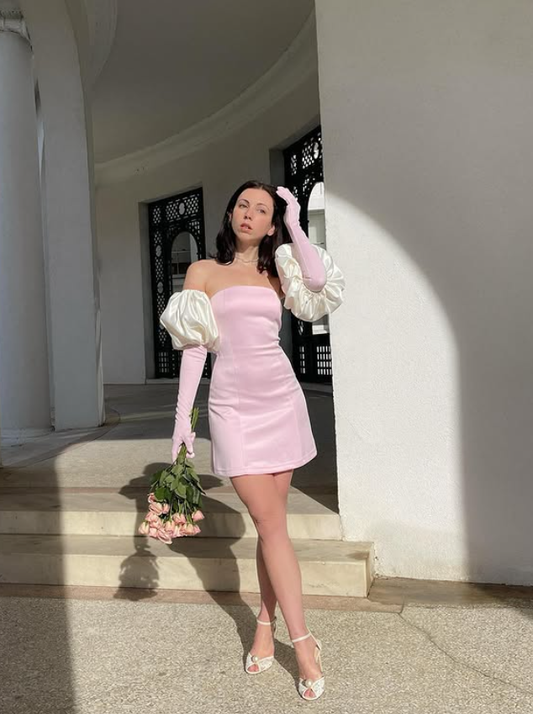 Simple Pink Sheath Strapless Satin Short Cute Homecoming Dress DP4444