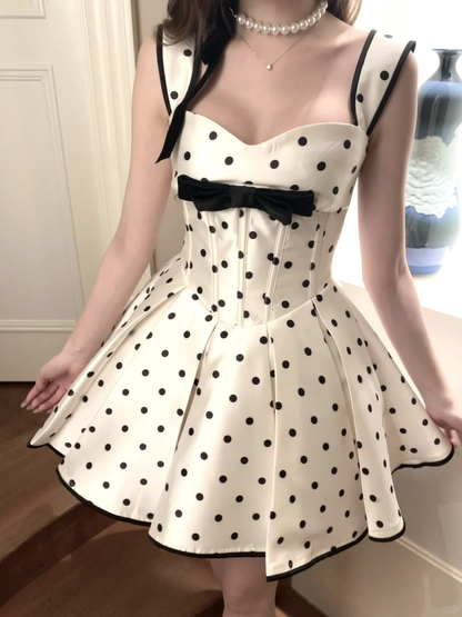 Cute A Line Spaghetti Strap Polka Dot Bow Satin Birthday Dress Cocktail Dress DP2415