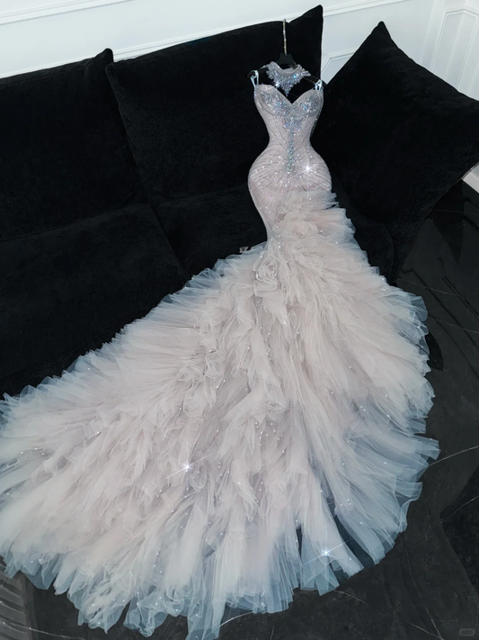 Shiny Mermaid Sweetheart Neck Beaded Tulle Long Sweep Prom Dress Party Dress DP2571