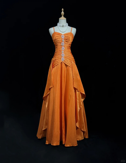 Vintage A Line Spaghetti Strap Beaded Pleated Bright Orange Satin Prom Dress Party Dress DP2765