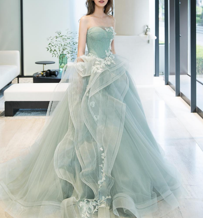 Elegant A Line Strapless Appliques Ruffle Green Tulle Ball Gown Prom Dress DP1542