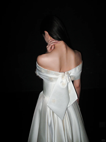 Vintage A Line Off the Shoulder White Simple Satin Long Wedding Dress DP8124
