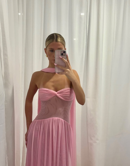 Romantic Pink A Line Sweetheart Neck Tulle Long Prom Dress Evening Dress DP7467