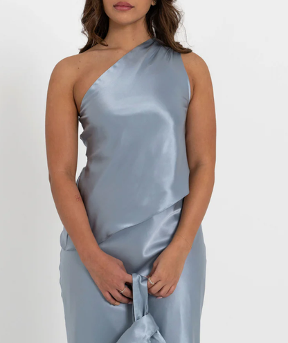Chambray Blue Elegant A Line One Shoulder Satin Bridesmaid Dress DP4972
