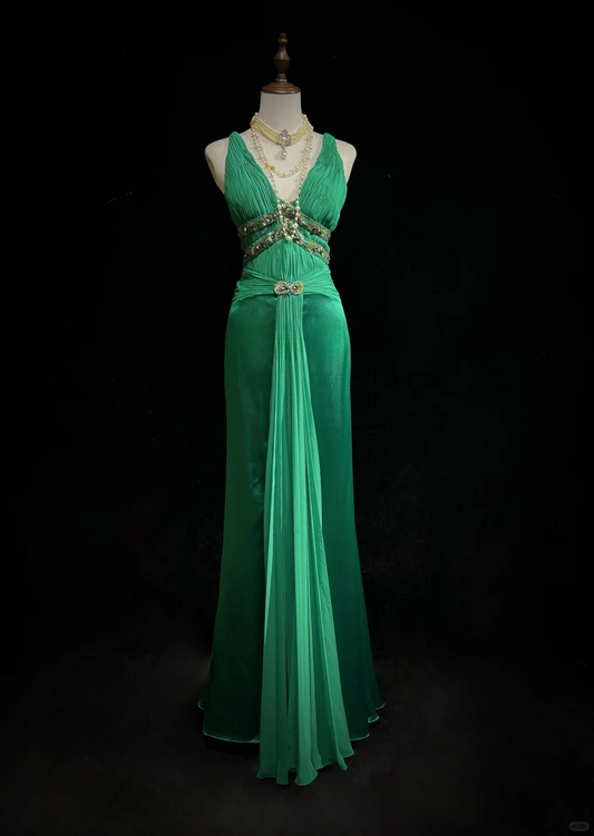 Vintage V Neck Beaded Hunter Green Satin Chiffon Long Prom Dress Party Dress DP2768