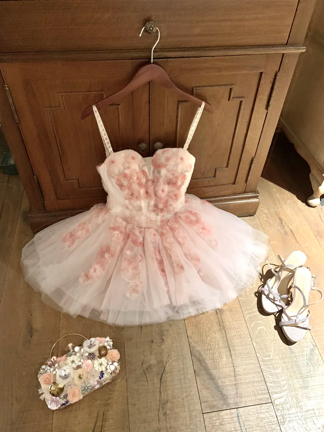 Pink Floral A Line Strapless Tulle Short Prom Dress Homecoming Dress DP5455
