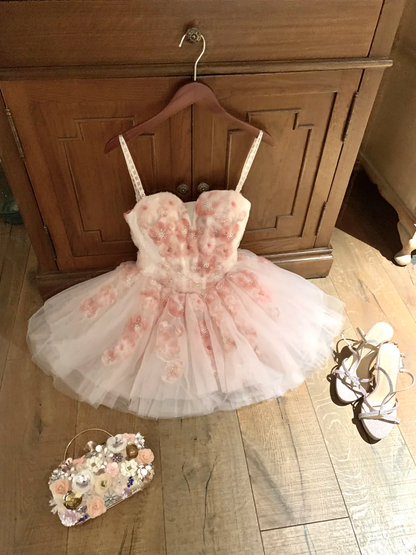 Pink Floral A Line Strapless Tulle Short Prom Dress Homecoming Dress DP5455