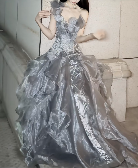 Stunning Grey Ball Gown Off the Shoulder Beaded Organza Satin Prom Dress Party Dress DP4593
