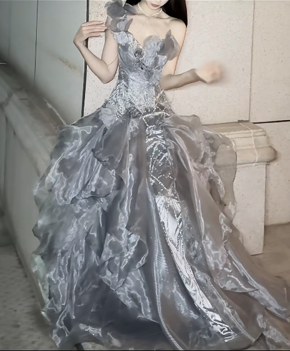 Stunning Grey Ball Gown Off the Shoulder Beaded Organza Satin Prom Dress Party Dress DP4593