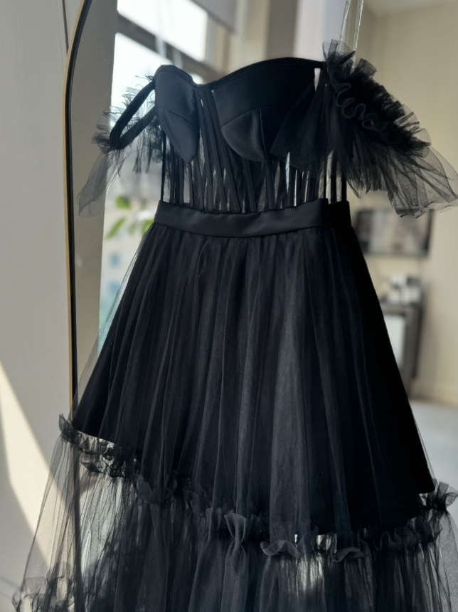 Black A Line Straps Corset Layered Tulle Prom Dress Party Dress Evening Dress DP3381