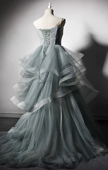 Elegant Spaghetti Straps Princess Tulle Lace Ball Gown Brithday Evening Dress DP726