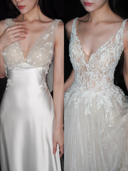 Cute A Line V Neck Apricot Applique White Satin Long Wedding Dress DP8104
