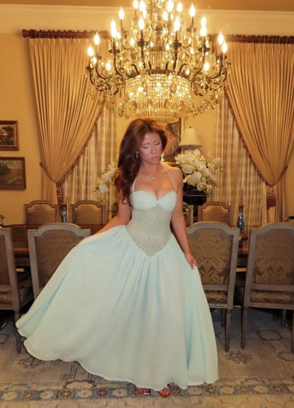 Light Green A Line Halter Lace Chiffon Long Prom Dress Evening Dress DP8022