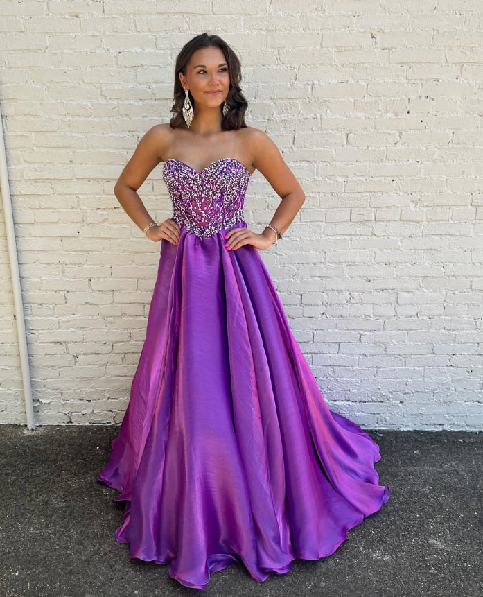 Shiny A Line Sweetheart Neck Beaded Purple Satin Long Prom Dress Evening Dress DP6519