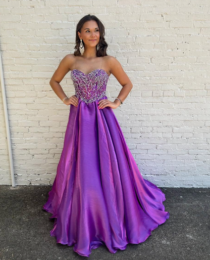 Shiny A Line Sweetheart Neck Beaded Purple Satin Long Prom Dress Evening Dress DP6519