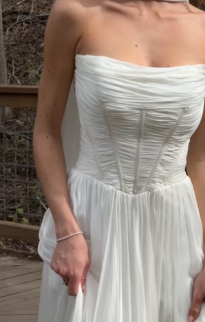 Elegant A Line Strapless Corset White Chiffon Long Sweep Prom Dress Wedding Dress DP1650