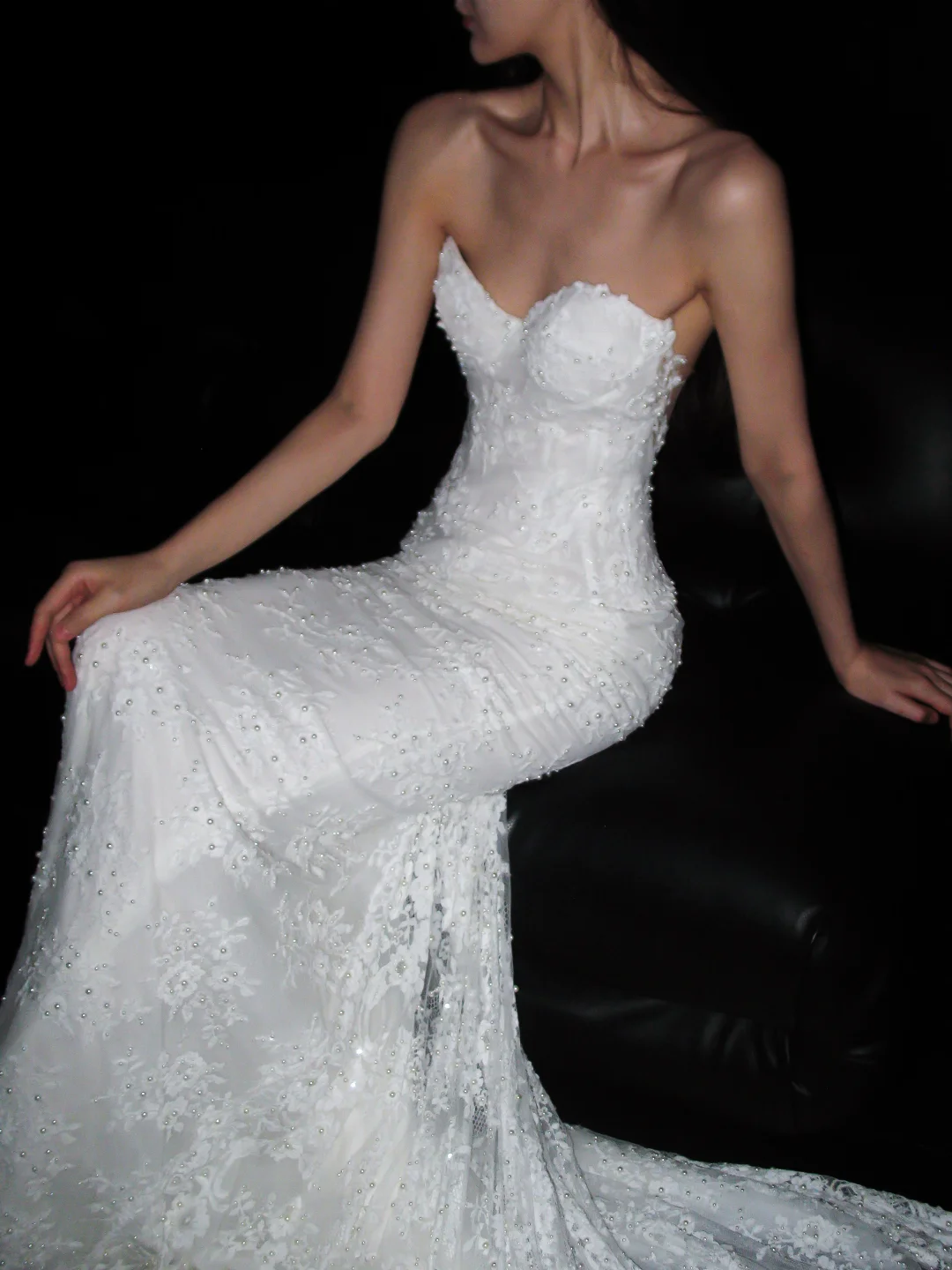 White Mermaid Sweetheart Neck Lace Long Sweep Wedding Dress DP5790