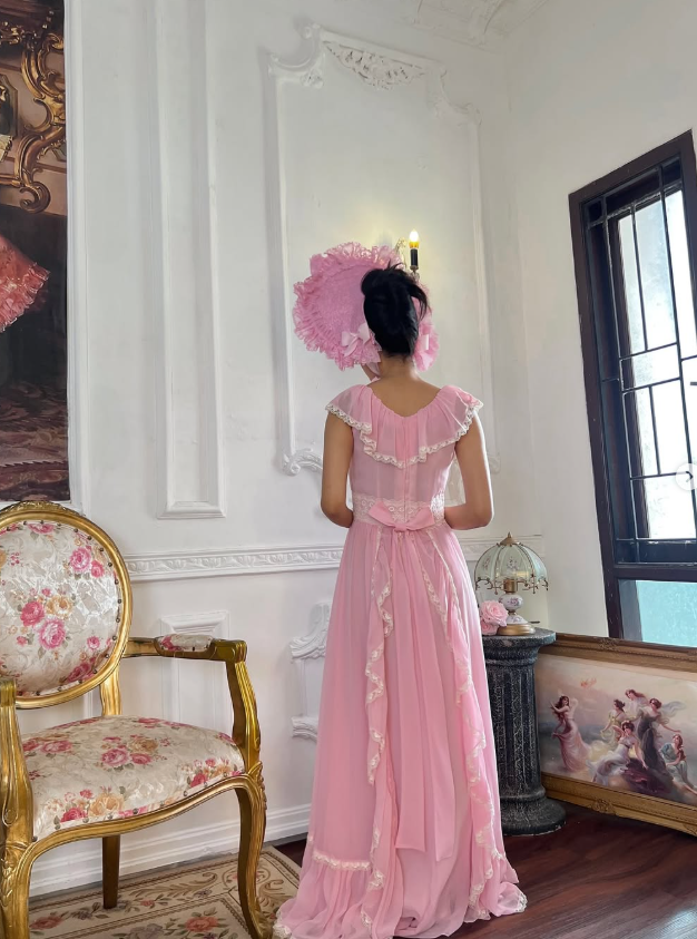 Princess Pink A Line Straps Lace Chiffon Long Prom Dress Evening Dress DP5128
