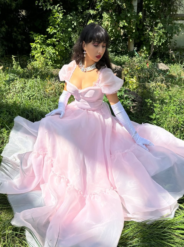 Princess A Line Puff Sleeve Light Pink Tulle Long Prom Dress Birthday Dress DP1679