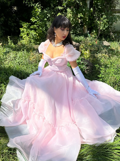 Princess A Line Puff Sleeve Light Pink Tulle Long Prom Dress Birthday Dress DP1679