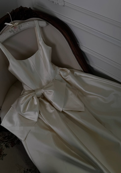 Elegant A Line Strap Exquisite Bow Knot White Satin Prom Dress Evening Dress DP7919