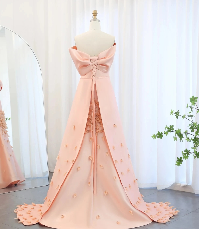 Pink A Line Off the Shoulder Appliques Satin Long Prom Dress Evening Dress DP1488