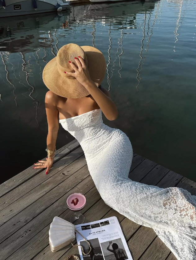 Stunning White Sheath Strapless Lace Long Prom Dress Party Dress DP8219