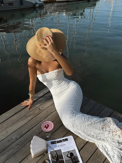 Stunning White Sheath Strapless Lace Long Prom Dress Party Dress DP8219