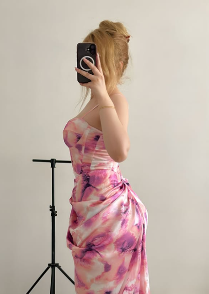 Cute Pink Print Floral Sheath Sweetheart Neck Satin Prom Dress Evening Dress DP6141