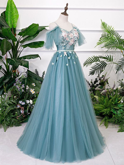 Beautiful V Neck Tulle Lace Appliques Long Prom Dress Evening Dress DP206