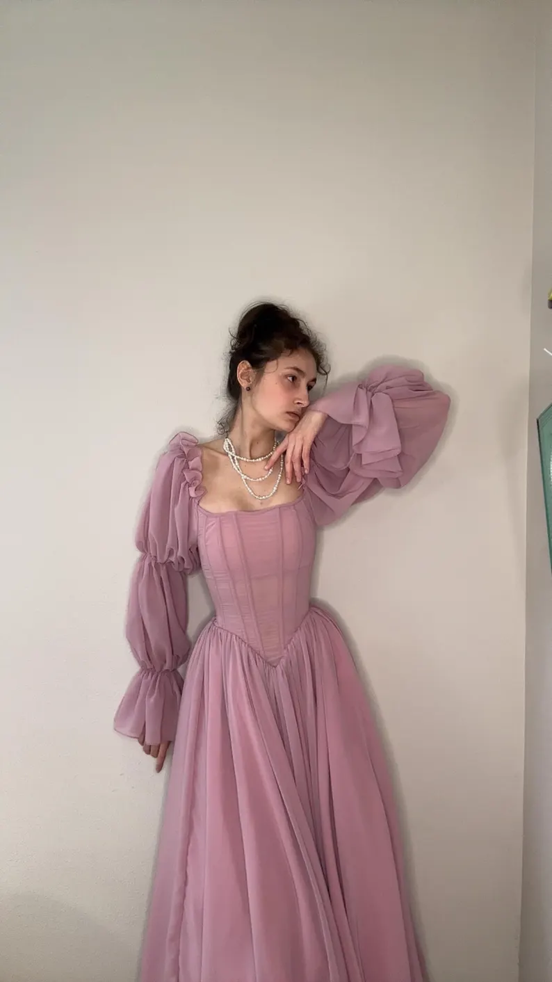 Purple A Line Long Sleeve Corset Chiffon Long Party Dress Outfits Dress DP2630