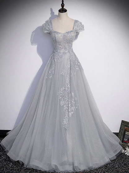 Gorgeous Silver Gray Tulle Prom Dress Long Evening  Dress  DP078