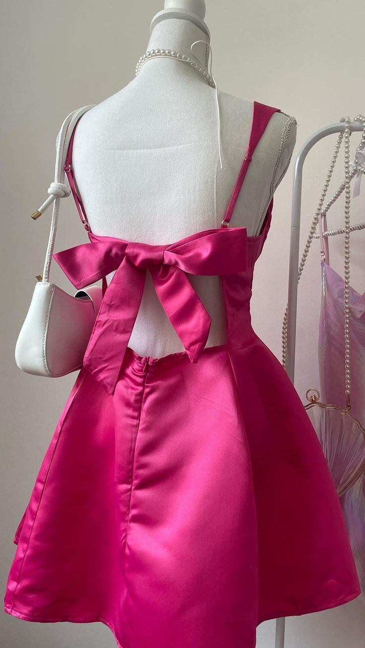 Hot Pink Satin A-Line Backless Mini Homecoming Dress With Bow DP500