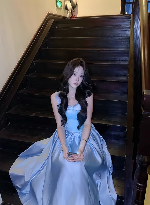 Blue Bow Simple A Line Straps Satin Prom Dress Evening Dress Formal Dress DP3159