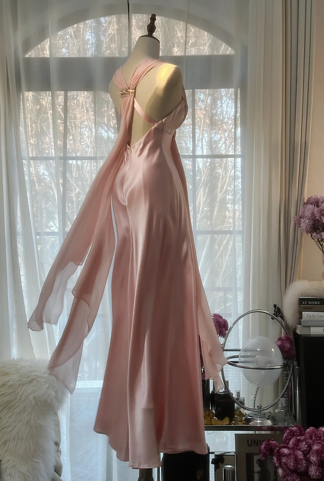 Classy A Line V Neck Beaded Pink Chiffon Satin Long Party Dress Evening Dress DP2471