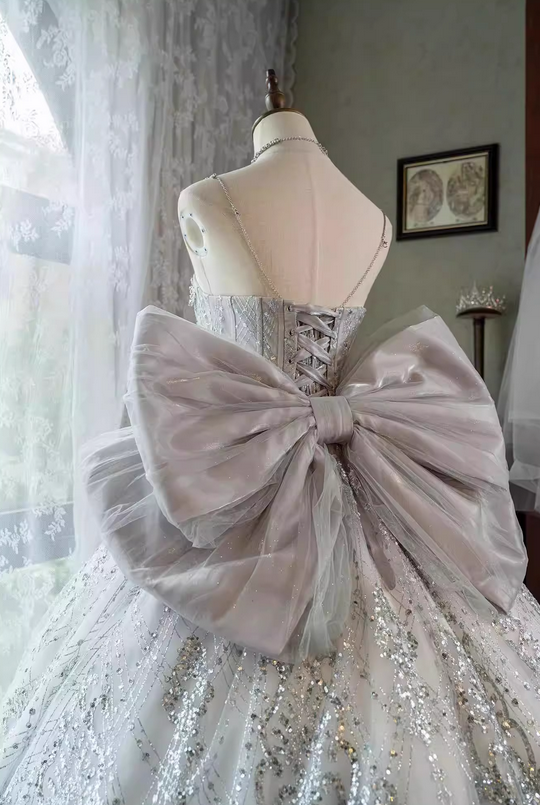 Silver Ball Gown Spaghetti Straps Beaded Sequin Tulle Lolita Goth Boning Dress Prom Dress DP4507