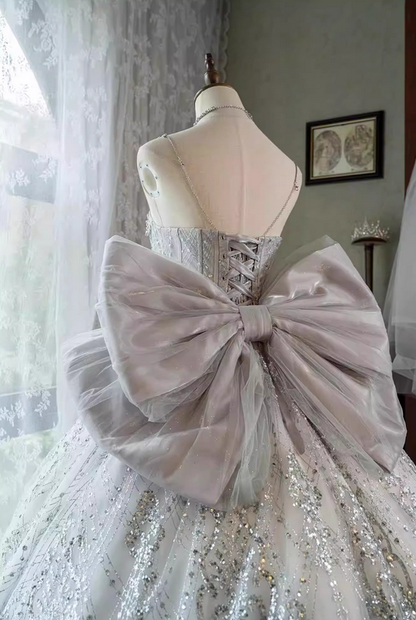 Silver Ball Gown Spaghetti Straps Beaded Sequin Tulle Lolita Goth Boning Dress Prom Dress DP4507