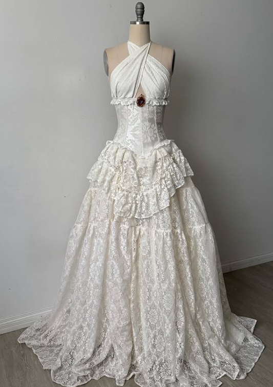 Vintage Ball Gown Halter White Lace Prom Dress Wedding Dress DP3993
