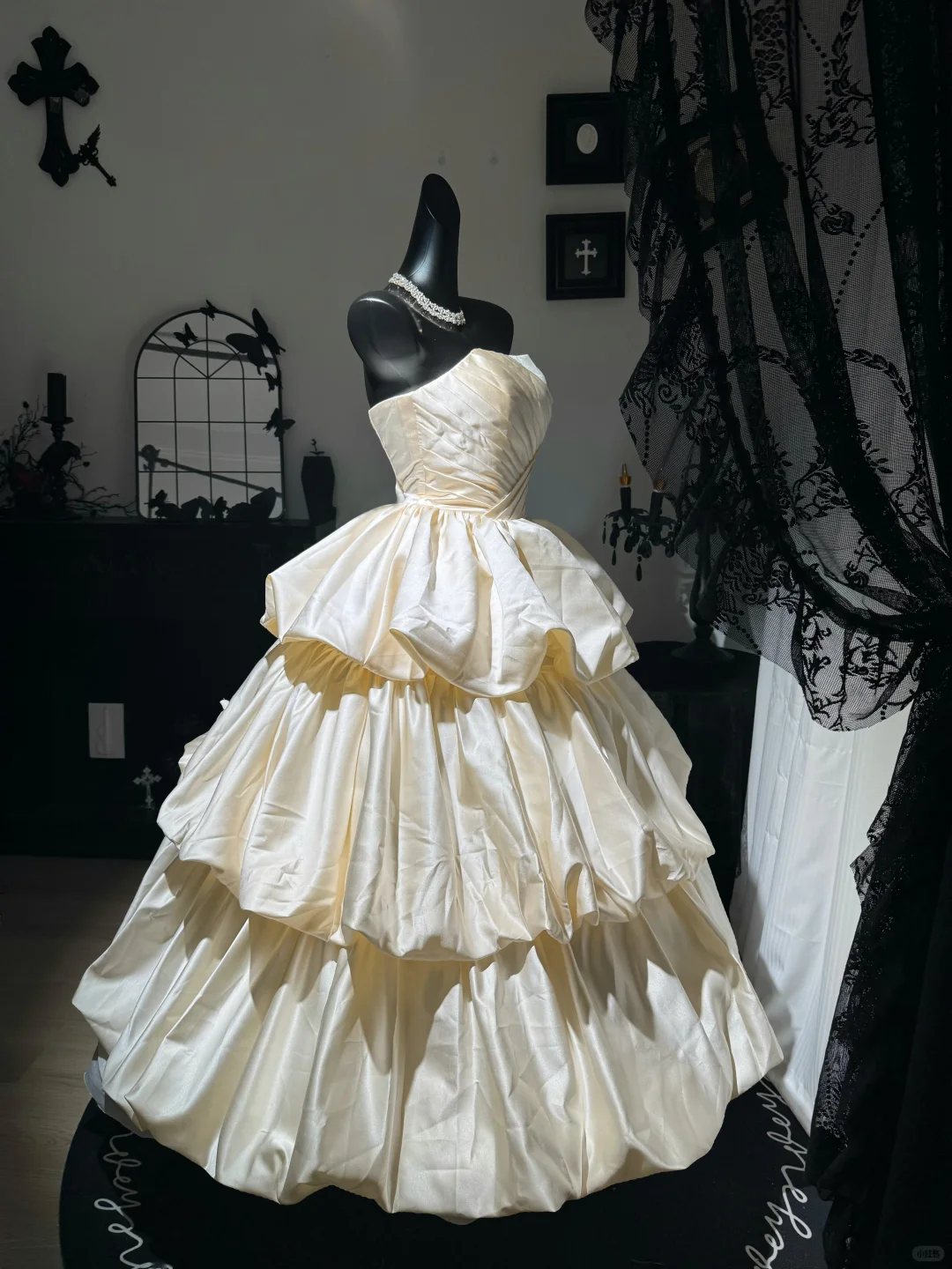 Apricot A Line Strapless Pleated Layered Satin Prom Dress Evening Dress DP6980