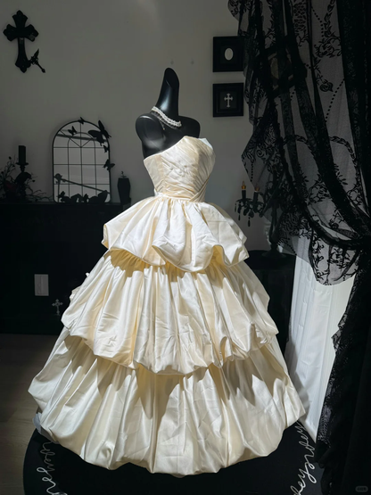 Apricot A Line Strapless Pleated Layered Satin Prom Dress Evening Dress DP6980