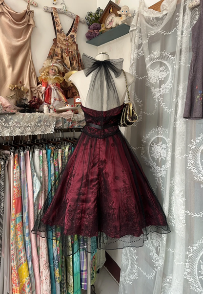 Vintage A Line Halter Beaded Black Tulle Burgundy Satin Short Homecoming Dress Party Dress DP4988