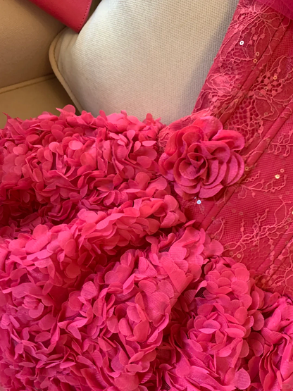 Hot Pink A Line Lace Floral Tulle Short Prom Dress Homecoming Dress DP6387