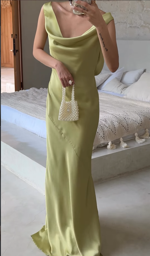 Elegant Simple Sheath Straps Green Satin Open Back Long Graduation Prom Dress DP4879
