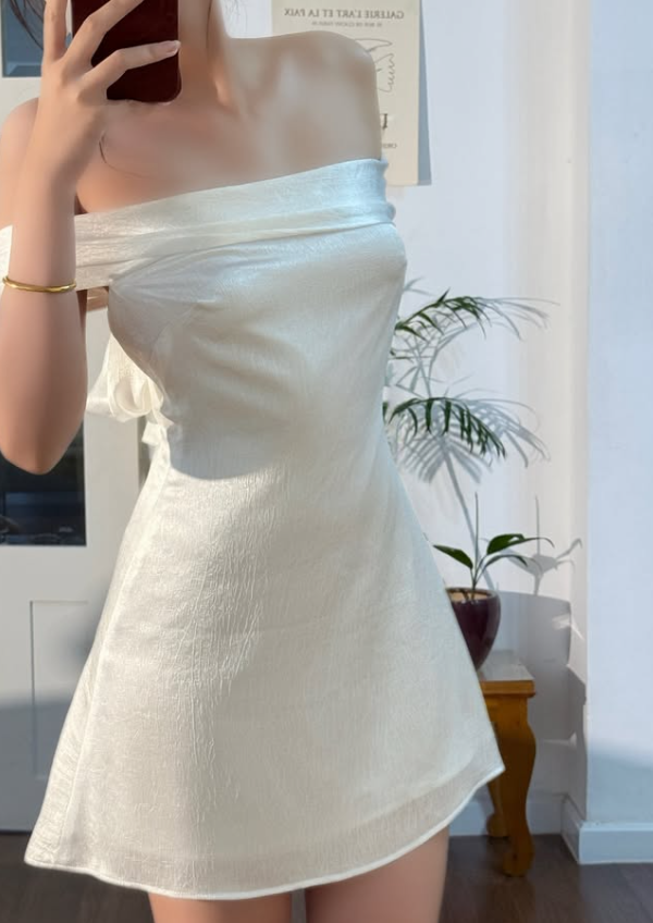 Pearl White A Line Off the Shoulder Satin Short Prom Dress Homecoming Dress DP7930
