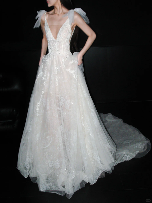 Princess A Line V Neck White Beaded Sequin Lace Tulle Long Wedding Dress DP8114