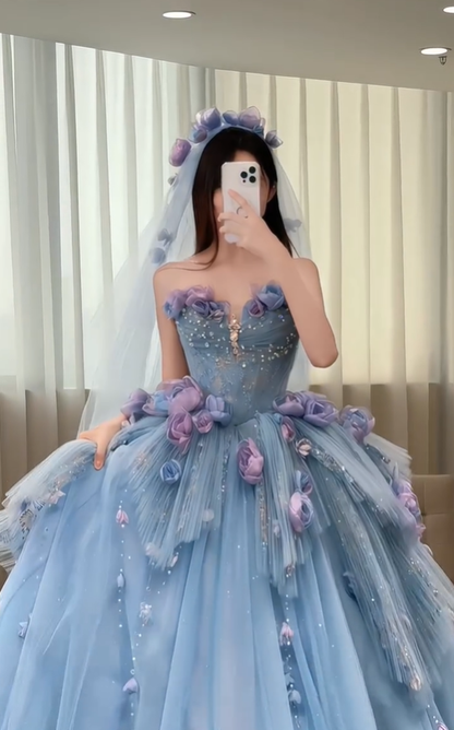 Blue Floral Ball Gown Sweetheart Neck Exquisite Beaded Tulle Long Prom Dress DP4604