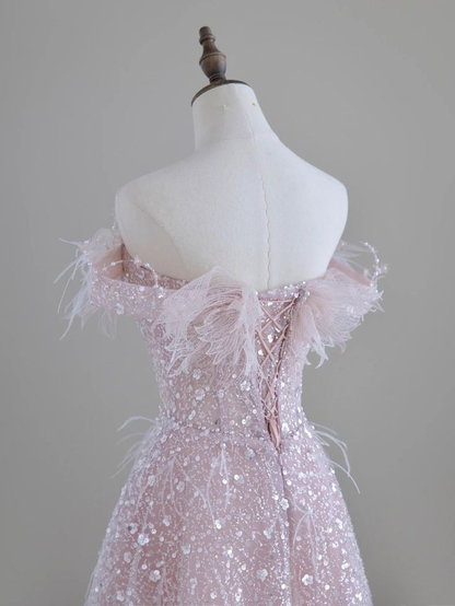 Off Shoulder Feather Pink Glitter Prom Dress Evening Dress DP148