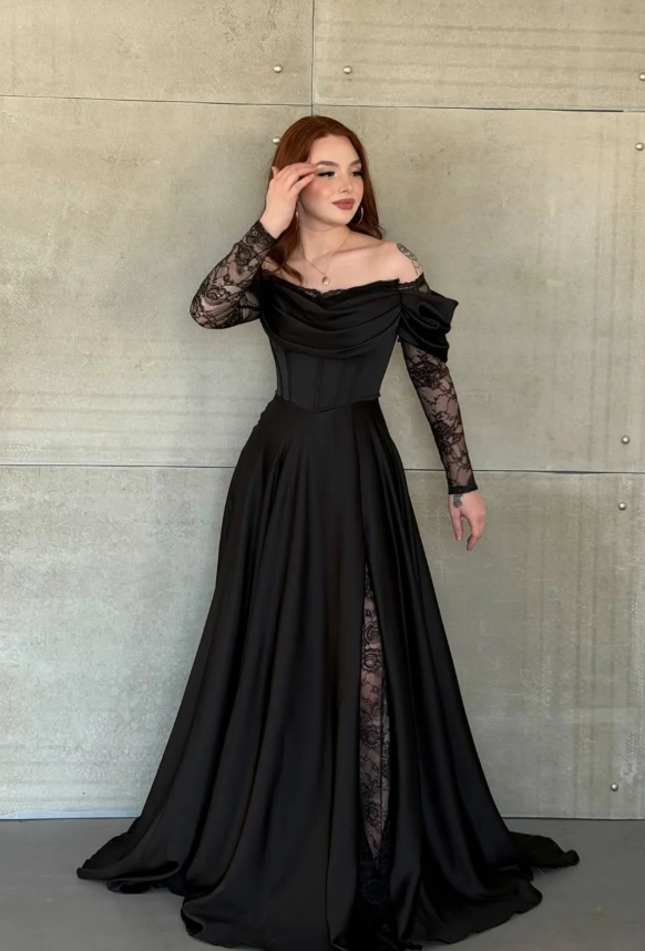 Elegant Black A Line Long Sleeve Lace Satin Prom Dress Eveening Dress DP5632