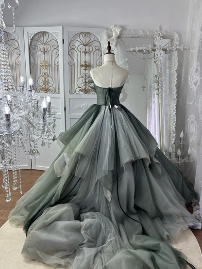 Vintage Grey-Green Ball Gown Strapless Sequin Tulle Prom Dress Sweet 16 Dress DP5668