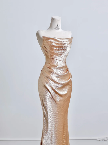 Classy Mermaid Strapless Pleated Golden Satin Long Prom Dresses DP4182
